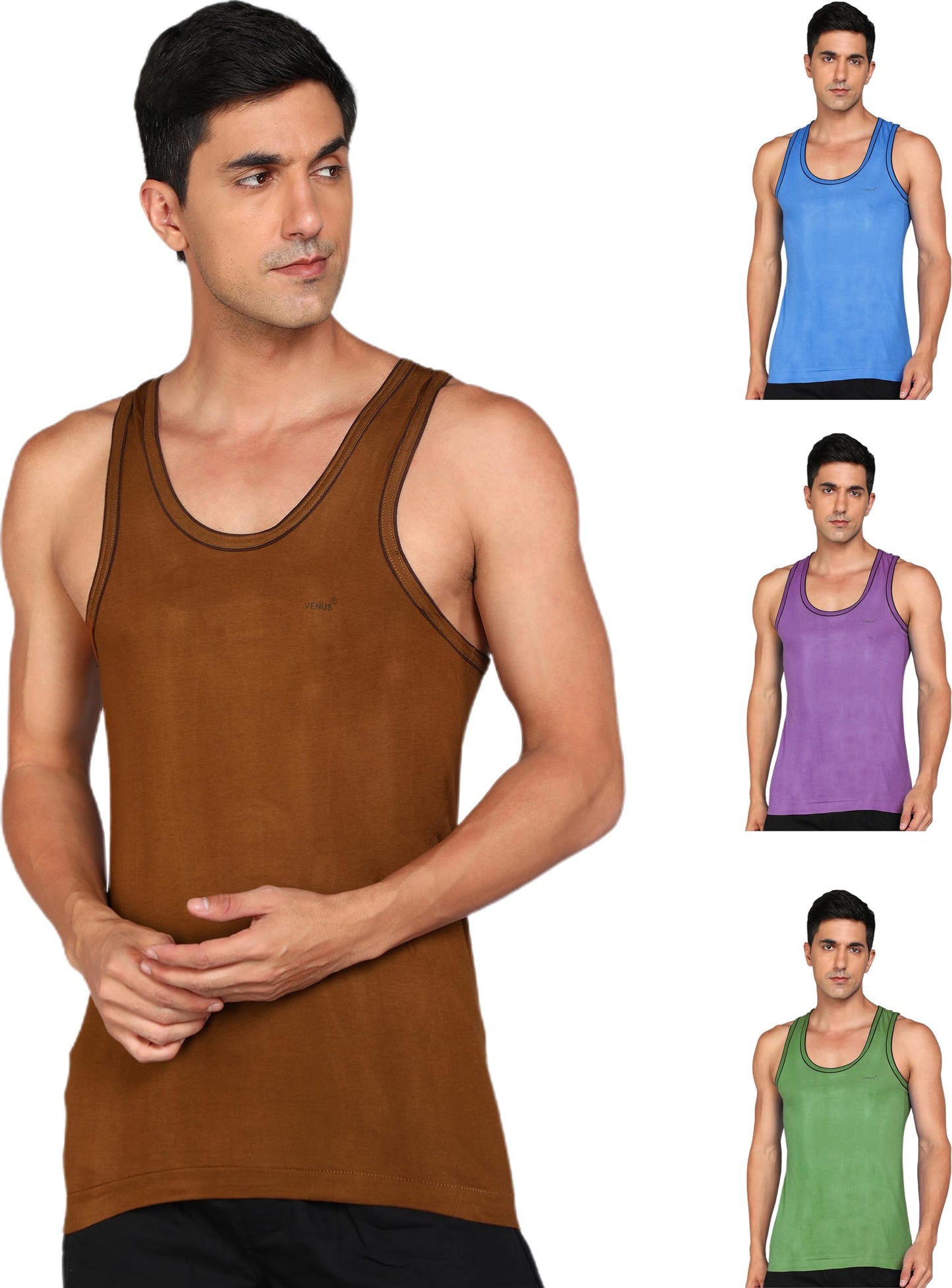 LUX VENUS Men's Round Neck Sleeveless Cotton Vest Pack of 4