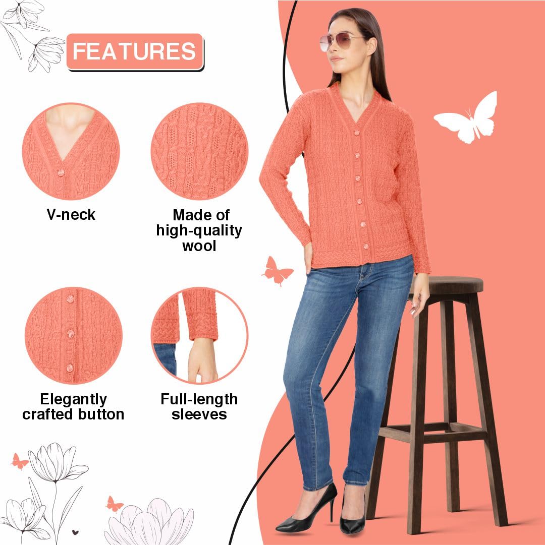 Women Woolen V-Neck Winter Wear Pure Wool Sweater Cardigan