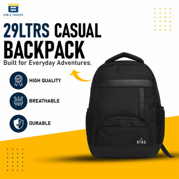 Btag Shoulder Bag For Unisex Stylish Standard Backpack | 29 Liters Capacity | 2 compartments, bottle holder, organizer, college, office, travel (Black)
