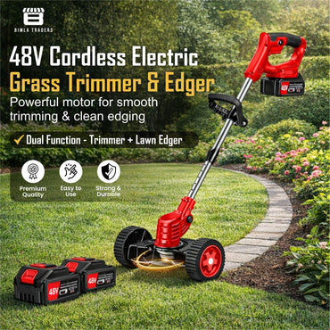 Bimla Traders 48V Cordless Electric String Trimmer & Lawn Edger with Wheels, Adjustable Handle, 2 Rechargeable Batteries, Steel & Plastic Blades, Grass Trimmer for Garden & Yard.