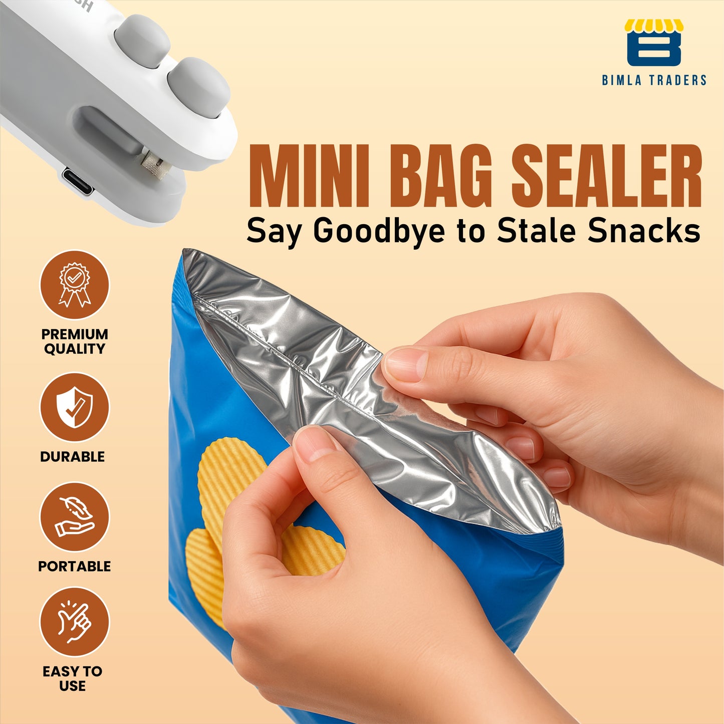 BTfash USB Rechargeable Mini Bag Sealer – Portable Heat Sealer for Plastic & Snack Bags with Safety Lock, Compact & Lightweight – Ideal for Kitchen Storage, Travel & Home Use. Pack of 1