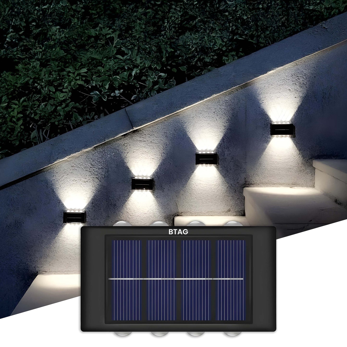 Btag Solar Outdoor Wall Lights Up and Down 8 LED Outdoor Lamp Solar Wall Lights, Waterproof Patio Wall Light for House Garage.
