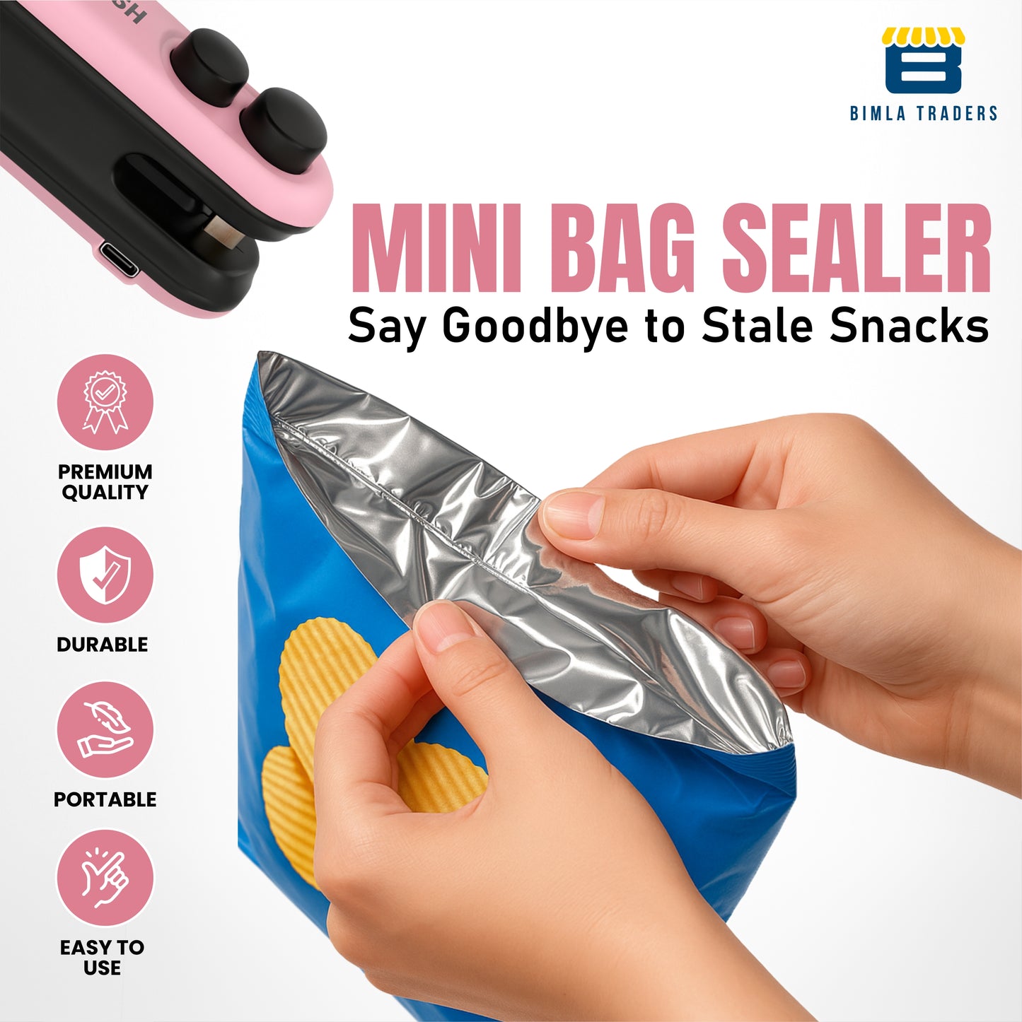BTfash USB Rechargeable Mini Bag Sealer – Portable Heat Sealer for Plastic & Snack Bags with Safety Lock, Compact & Lightweight – Ideal for Kitchen Storage, Travel & Home Use. Pack of 1