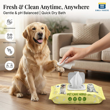 Bimla Traders Pet Grooming Wipes for Dogs & Cats (14 × 18 cm) | 100 Count | pH Balanced Dry Bath | Ear, Paw & Coat Cleaning | Hygiene Essentials | Non-Woven Disposable Cloth 40 GSM