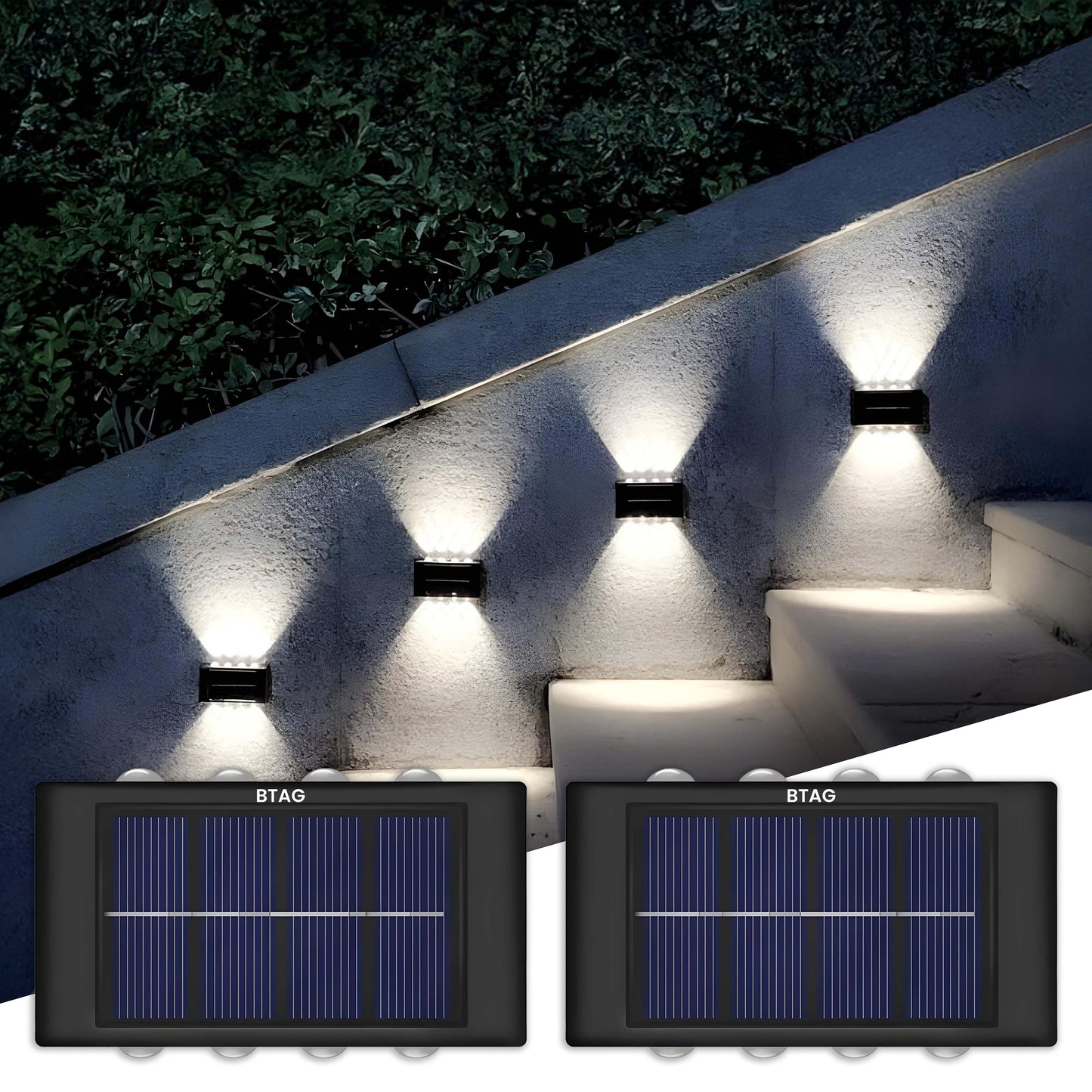Btag Solar Outdoor Wall Lights Up and Down 8 LED Outdoor Lamp Solar Wall Lights, Waterproof Patio Wall Light for House Garage.