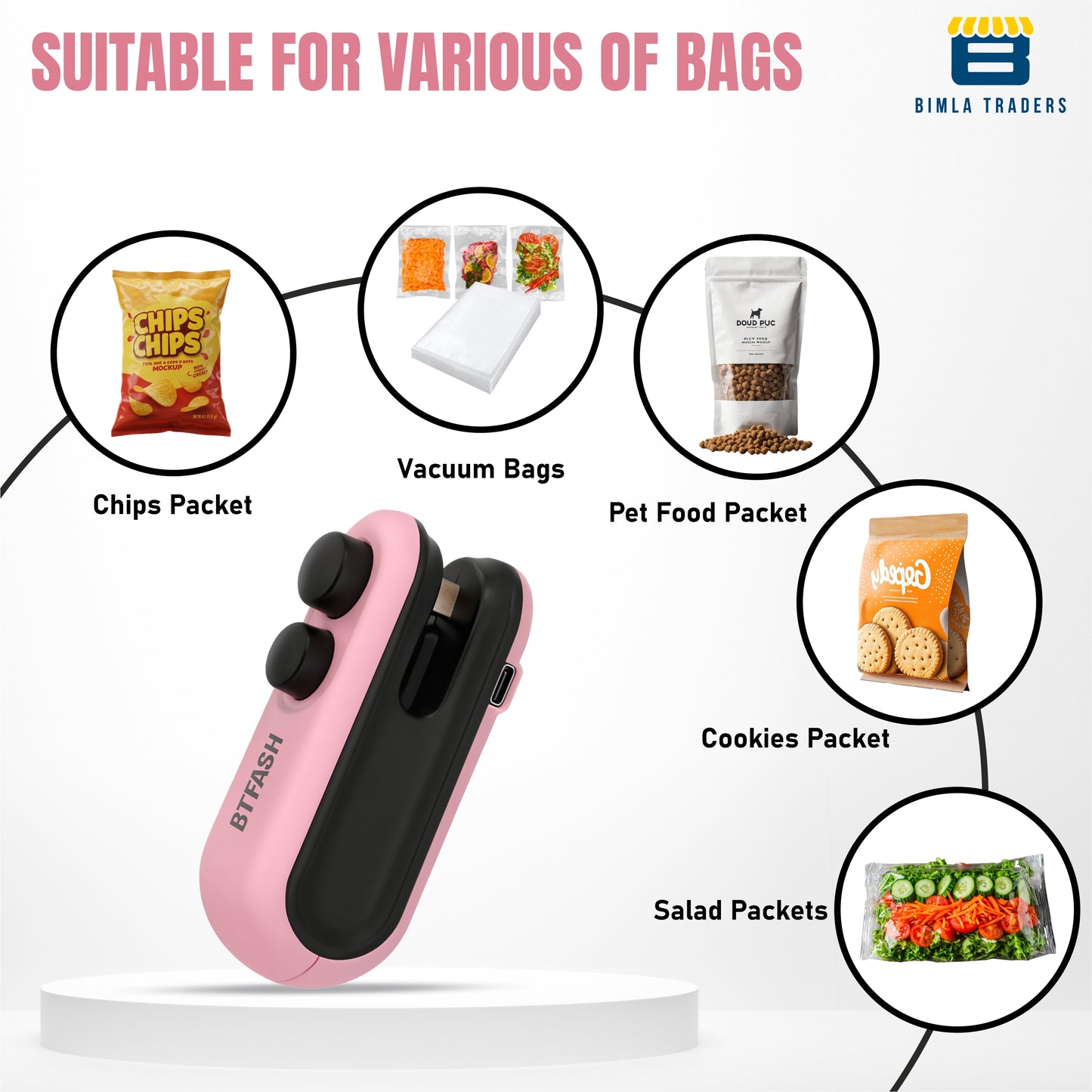 BTfash USB Rechargeable Mini Bag Sealer – Portable Heat Sealer for Plastic & Snack Bags with Safety Lock, Compact & Lightweight – Ideal for Kitchen Storage, Travel & Home Use. Pack of 1
