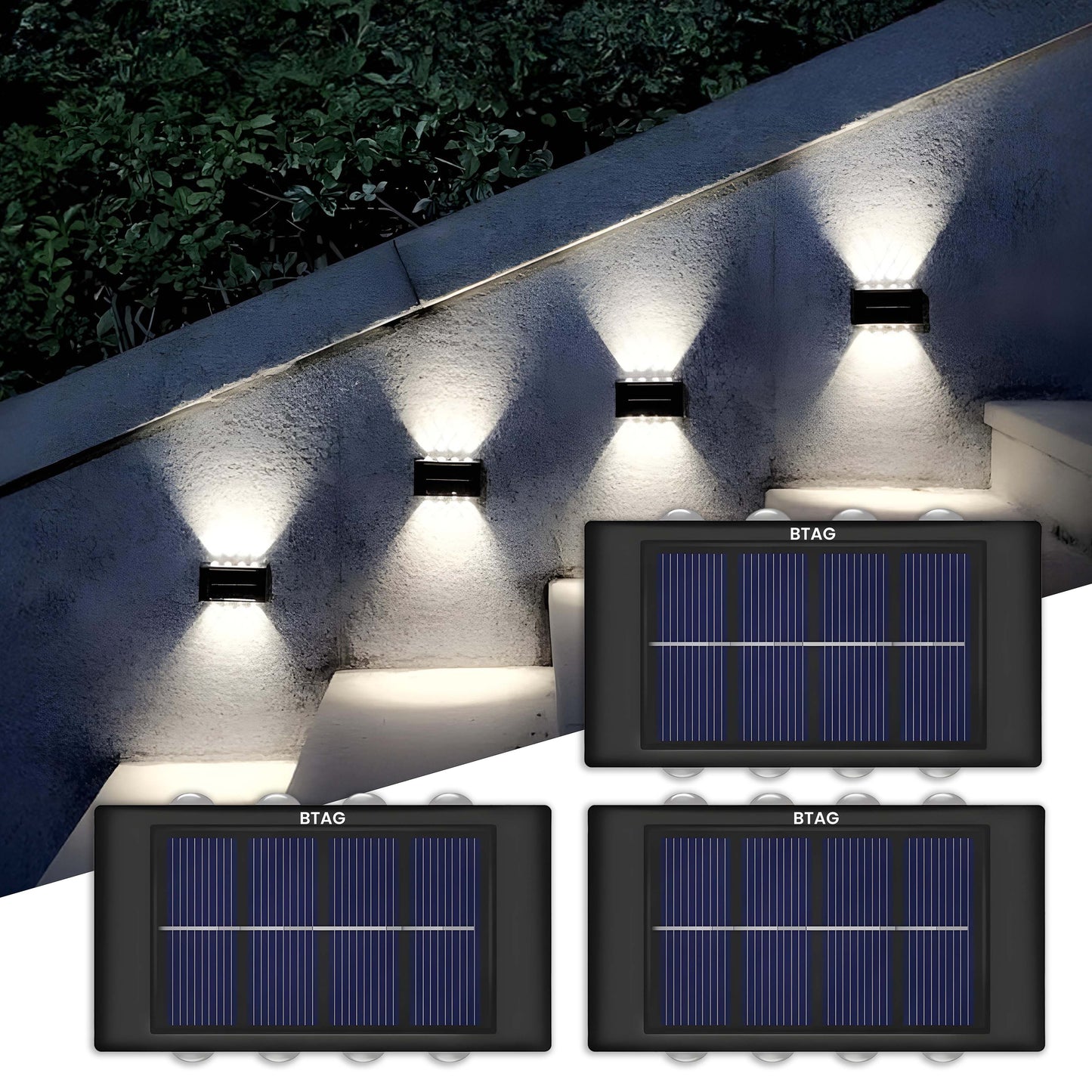 Btag Solar Outdoor Wall Lights Up and Down 8 LED Outdoor Lamp Solar Wall Lights, Waterproof Patio Wall Light for House Garage.