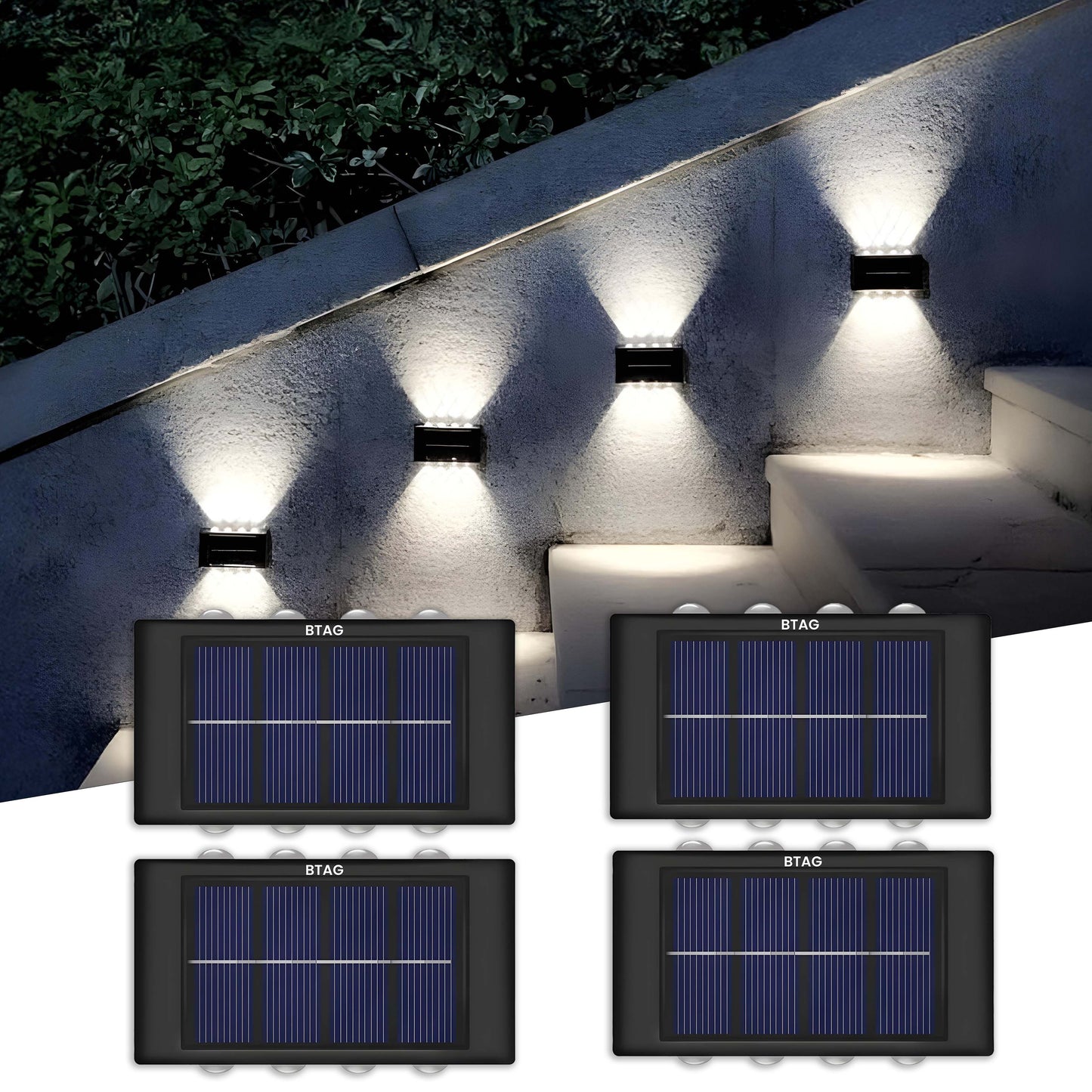 Btag Solar Outdoor Wall Lights Up and Down 8 LED Outdoor Lamp Solar Wall Lights, Waterproof Patio Wall Light for House Garage.