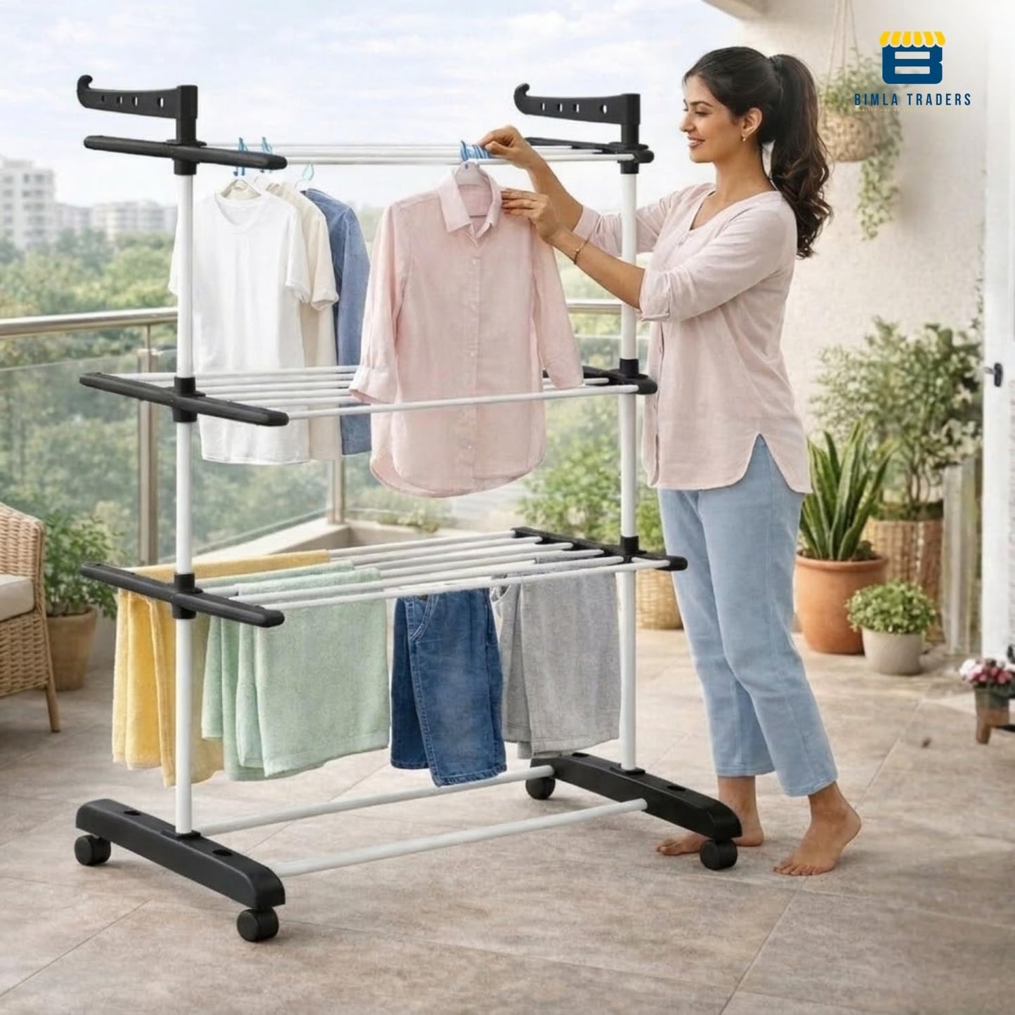 Bimla Traders Heavy-Duty Clothes Drying Stand | Load Capacity 40 kg | Portable with Wheels | Balcony Use | Foldable Wings | Rust-Resistant Alloy Steel