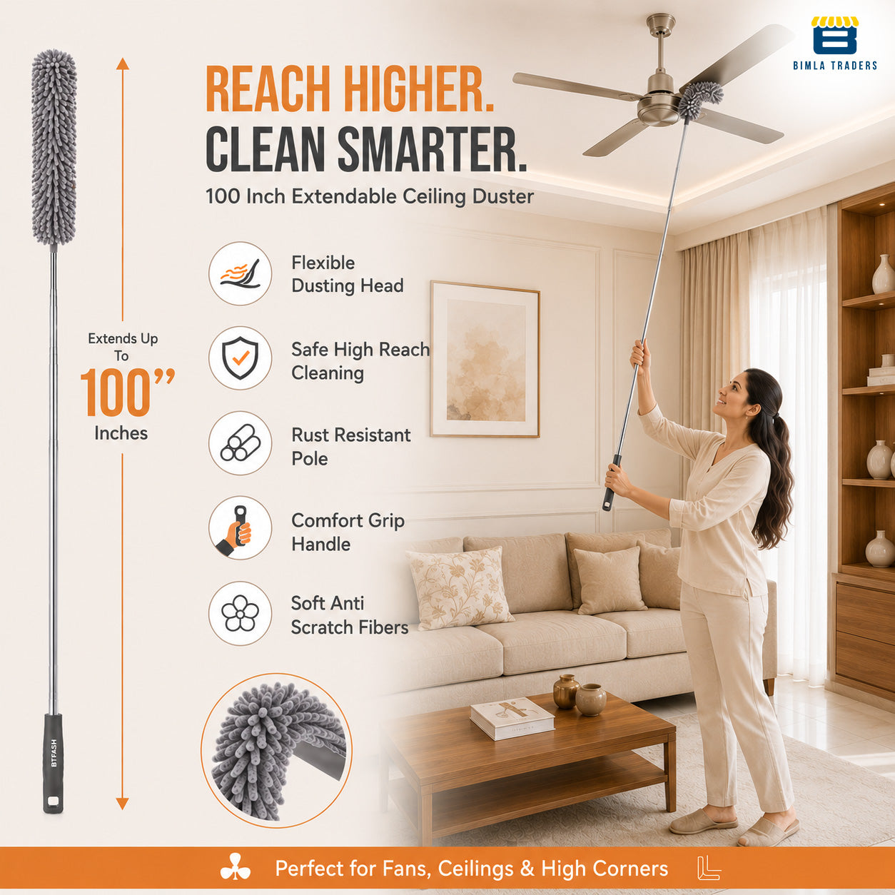 Bimla Traders Feather Duster Bendable & Extendable Fan Cleaning Duster with 100 inches Expandable Pole Handle Washable