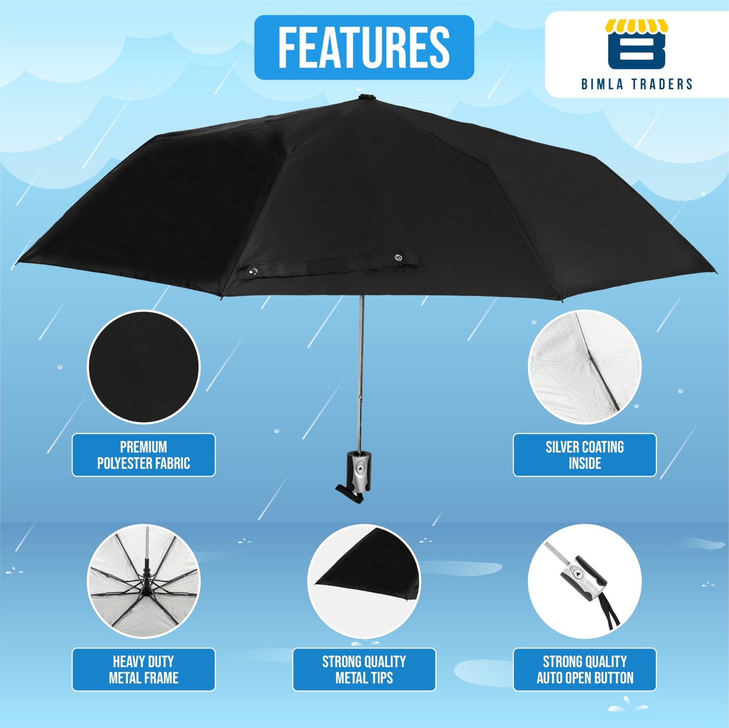 BTfash Round Handle 3 Fold Small size Black Guard Auto open Close Button Portable Umbrella for Men Women & Kids | UV Protection, Waterproof, Rain, Sunlight Protection | Pack of 1