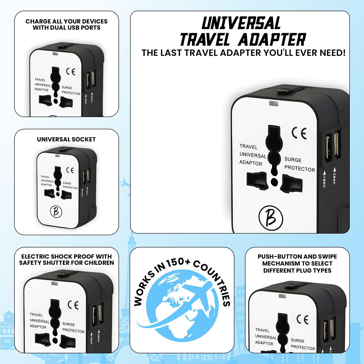 Btag Universal Travel Adapter All-in-One Worldwide Plug Adapter, International with Dual USB Ports , Multi-Country Power Outlet, Compact Adapter