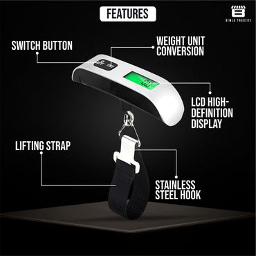 Bimla Traders Electronic Portable Digital LED Screen Luggage Weighing Scale|Handheld Travel Weight Measuring Scale for Suitcases, Bags&Baggage, 50 kg/110 Lb For Multi-Purpose Use. Pack of 1 (JY-29)