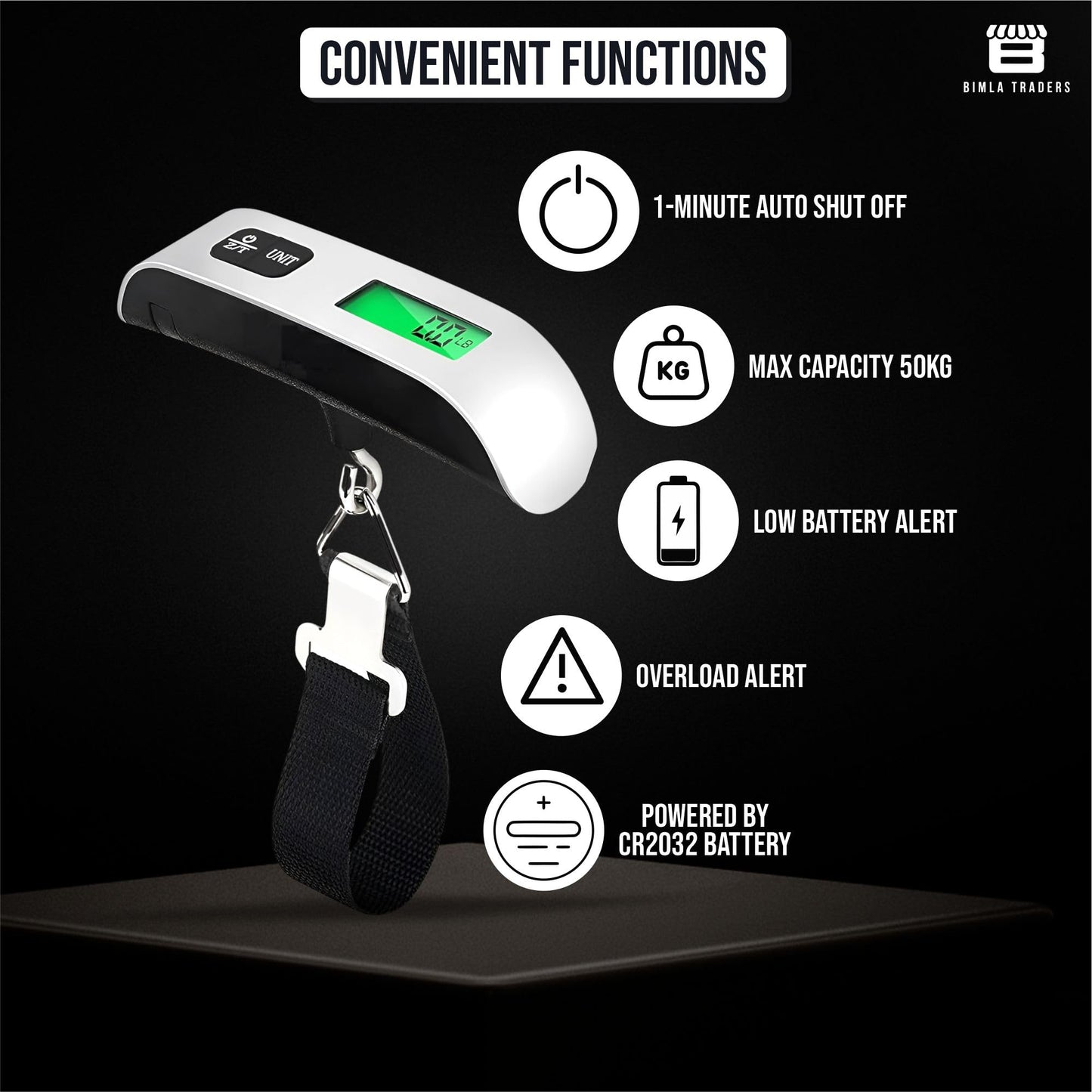 Bimla Traders Electronic Portable Digital LED Screen Luggage Weighing Scale|Handheld Travel Weight Measuring Scale for Suitcases, Bags&Baggage, 50 kg/110 Lb For Multi-Purpose Use. Pack of 1 (JY-29)