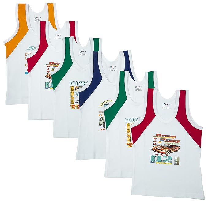 Dowin Sleeveless Printed Cotton Vest for Kids Boys (Pack of 6)
