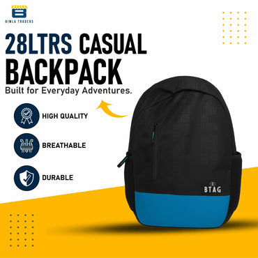 Btag Casual Backpack 28L High Durable Unisex, 2 Main Compartments, Bottle Pocket, Front Pocket, Padded Shoulder Strap | Black/Blue