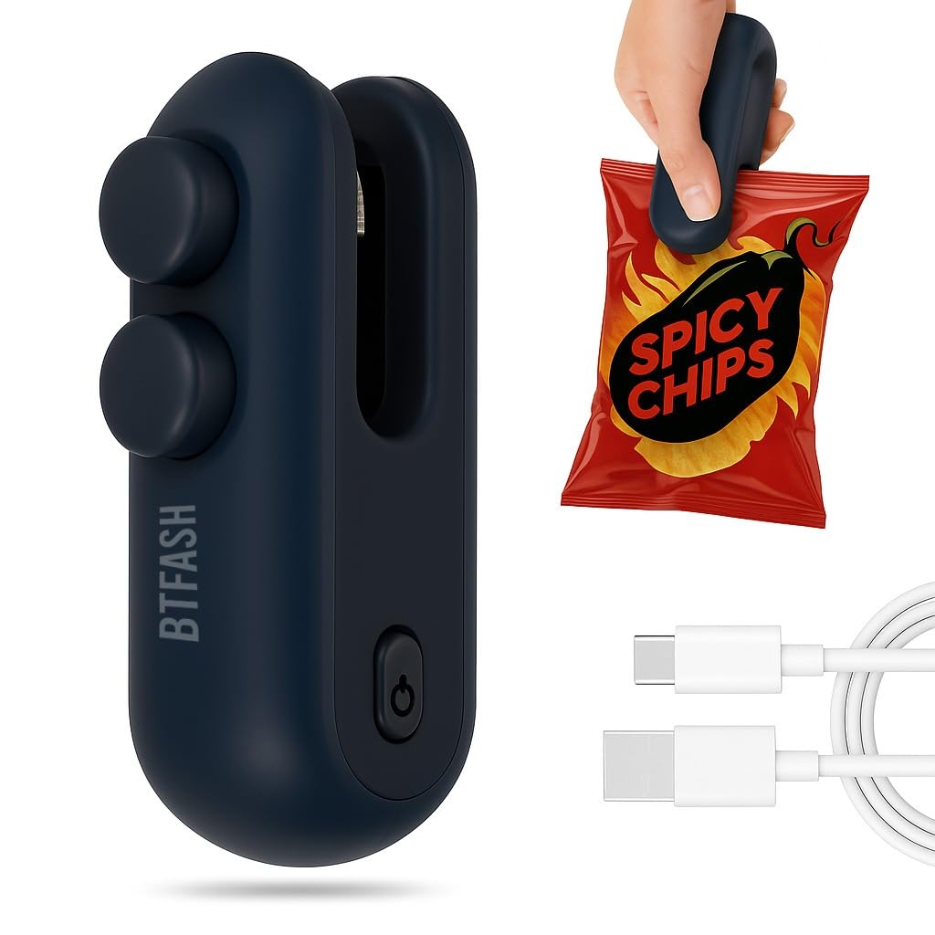 BTfash USB Rechargeable Mini Bag Sealer – Portable Heat Sealer for Plastic & Snack Bags with Safety Lock, Compact & Lightweight – Ideal for Kitchen Storage, Travel & Home Use. Pack of 1