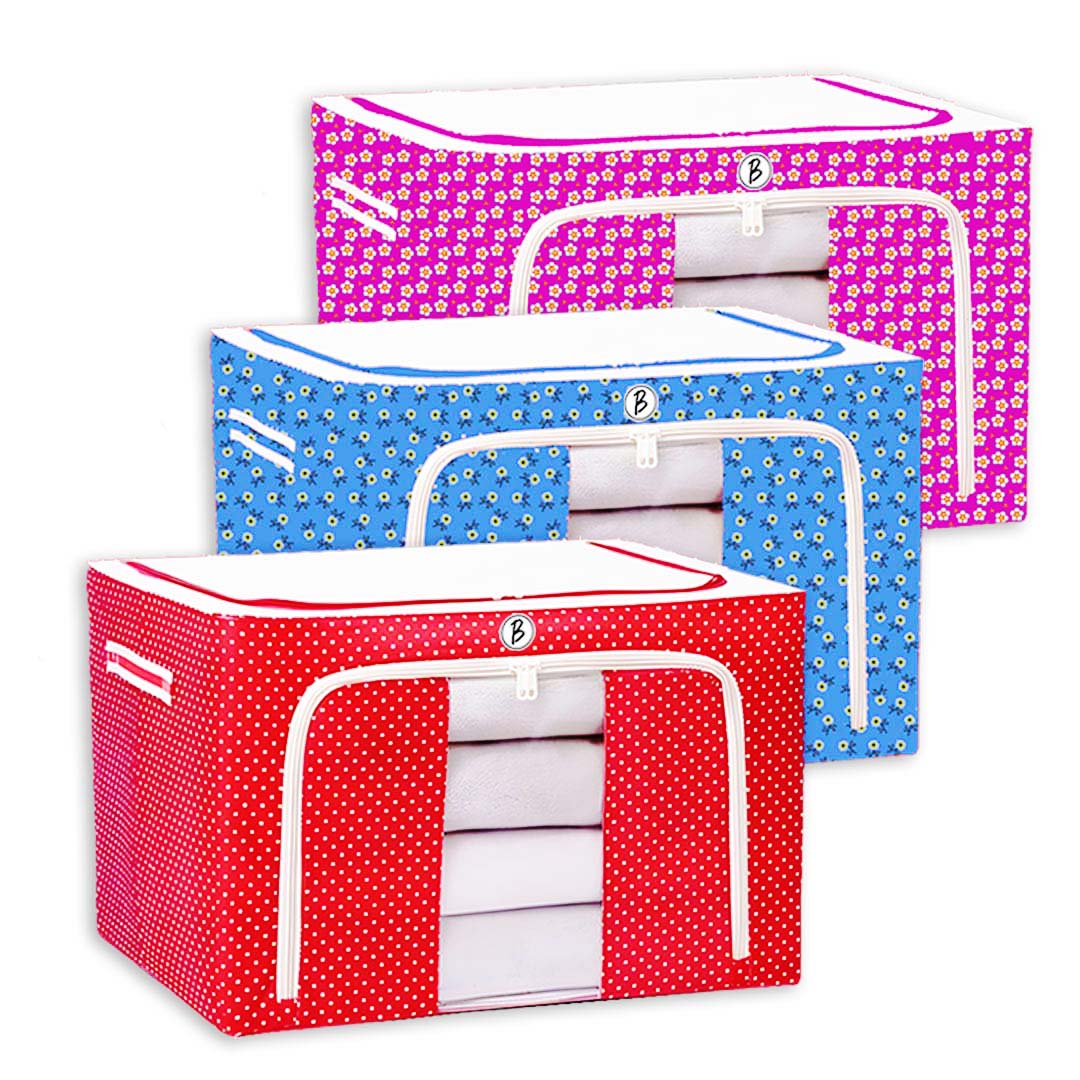 BTfash Clothes, Foldable Clothes Storage Baskets for Wardrobe, Books, Saree, Shirts, Stationery Paper, Document Toy,and Blankets Storage Box with Handles|Printed Assorted | 66 Liter |