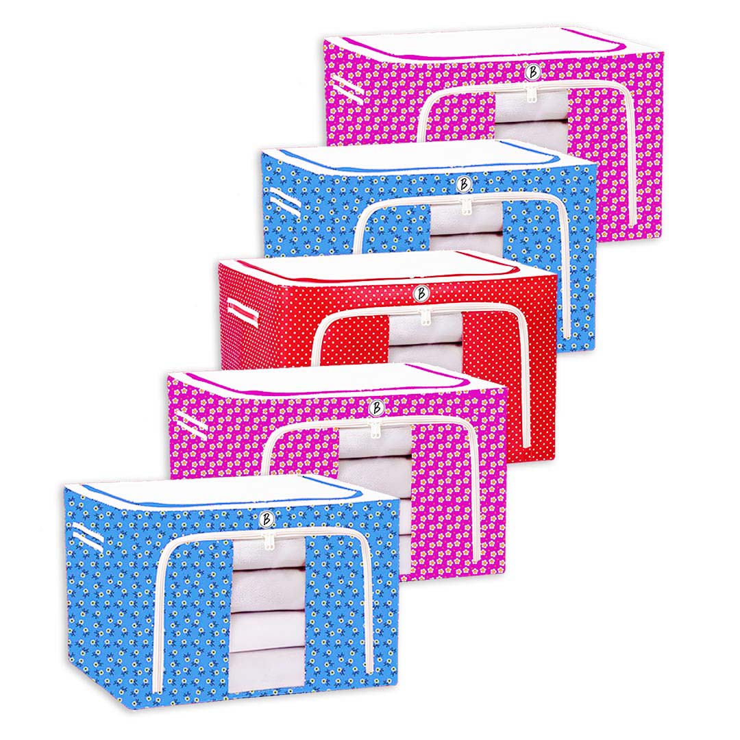 BTfash Clothes, Foldable Clothes Storage Baskets for Wardrobe, Books, Saree, Shirts, Stationery Paper, Document Toy,and Blankets Storage Box with Handles|Printed Assorted | 66 Liter |