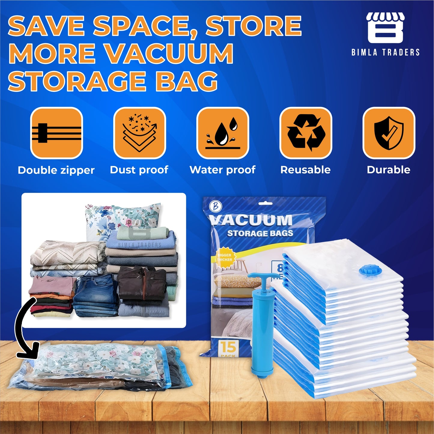 Crae Vacuum Storage Bags for Travel,Space Saver Compression Storage Bags for Packing | Airtight Reusable Ziplock with Hand Pump |(2 PIECE 50X70,2 PIECE 60X80,1 PIECE 80X100,1 HAND PUMP) 5 Piece Set