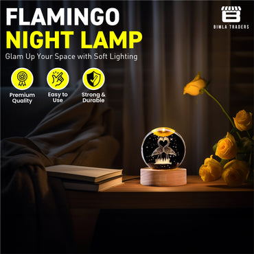 CRAE 3D Crystal Flamingo Ball Night Lamp | Glass Ball Night LED Lamp with Wooden Base for Couple, Home, Office, Birthday Gift | Symbol for Love | (Flamingo)