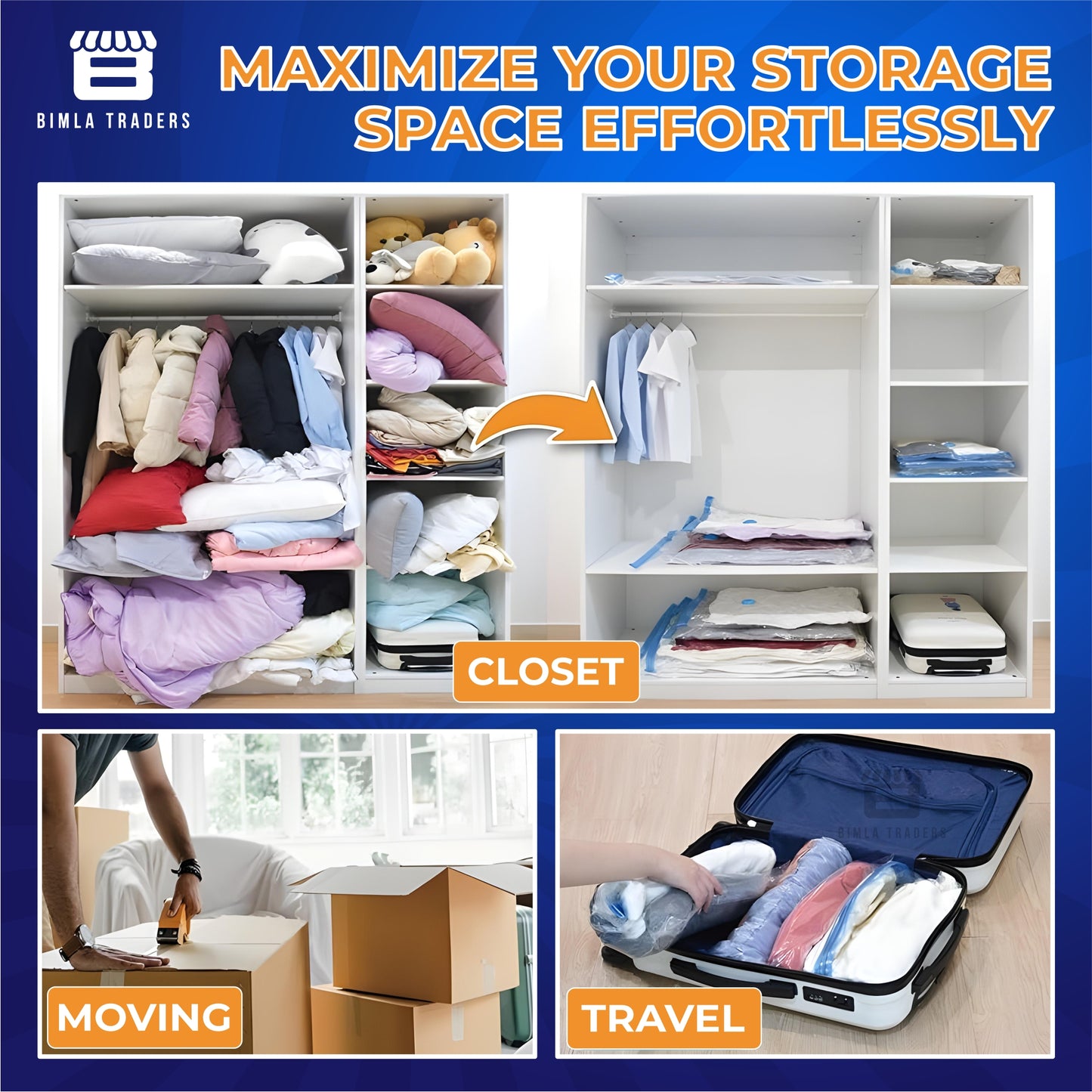 Crae Vacuum Storage Bags for Travel,Space Saver Compression Storage Bags for Packing | Airtight Reusable Ziplock with Hand Pump |(2 PIECE 50X70,2 PIECE 60X80,1 PIECE 80X100,1 HAND PUMP) 5 Piece Set