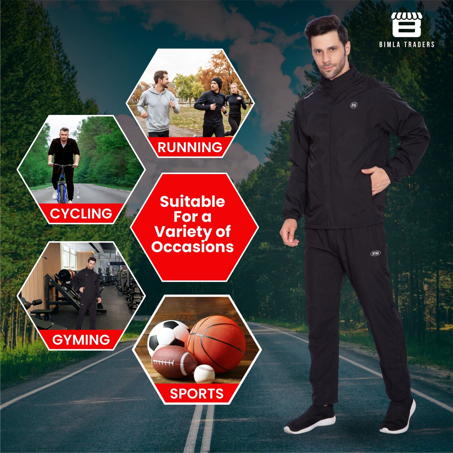 BTfash Men's Solid Polyester Full Zip Sportswear Regular Fit Track Suits Athletic Gym Running Jogging Suit Sets