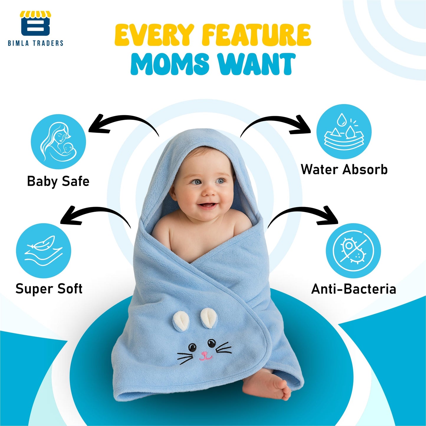 Bimla Traders Baby Bath Towel for Infants, New Born Babies and Toddlers, Soft Cotton Pack of 1