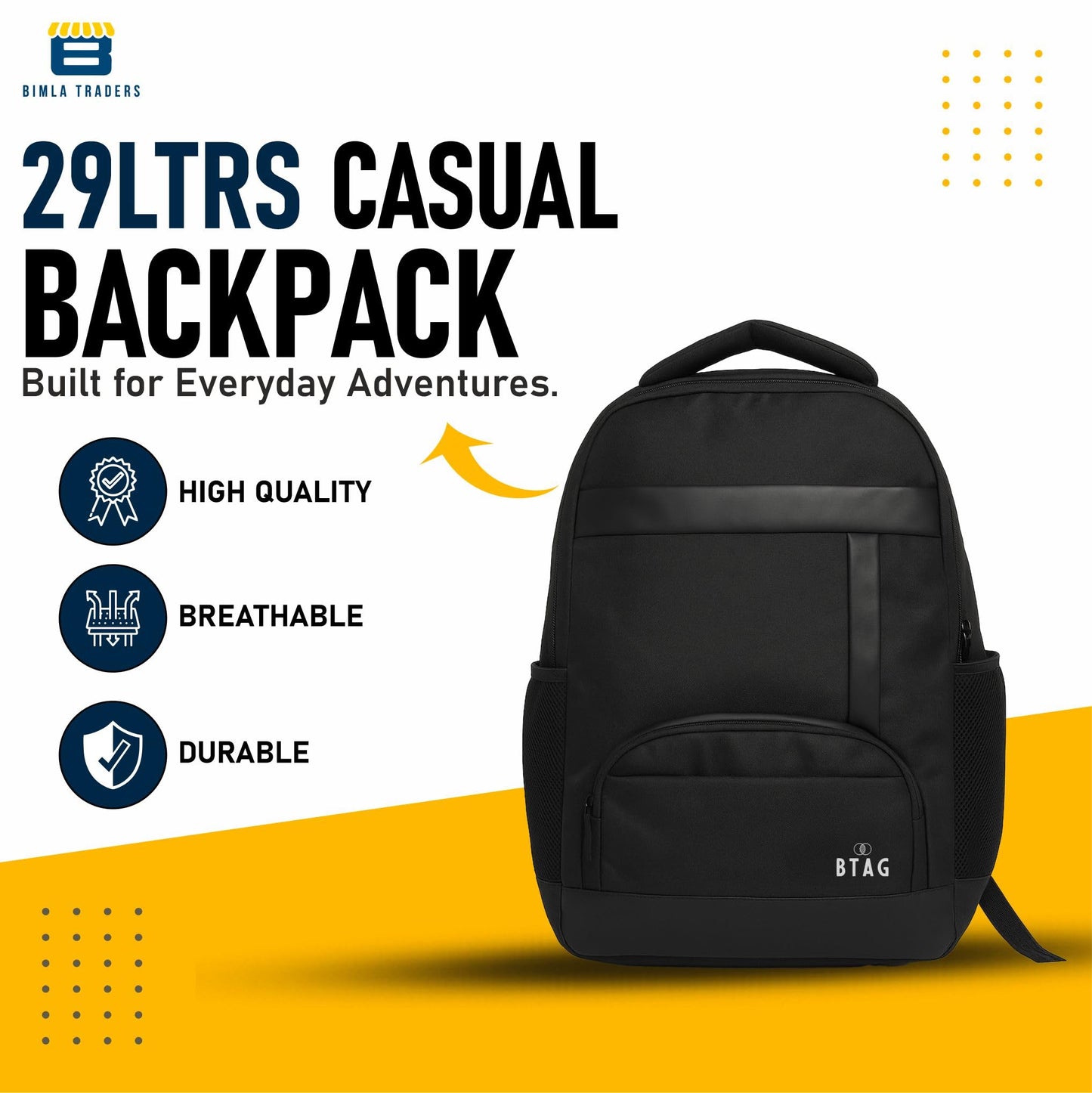 Btag Shoulder Bag For Unisex Stylish Standard Backpack | 29 Liters Capacity | 2 compartments, bottle holder, organizer, college, office, travel (Black)