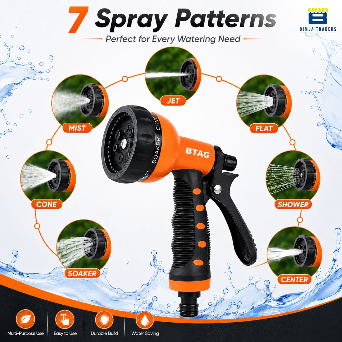 Bimla Traders 8-Pattern Garden Spray Gun Hose Nozzle with Adjustable Trigger Handle, Water Spray Nozzle for Car Wash, Lawn & Garden Watering - with Orange Connector.