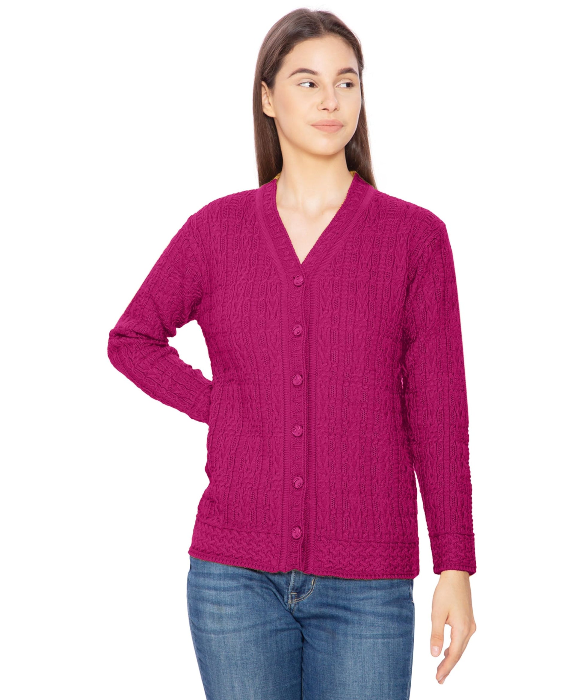 Women Woolen V-Neck Winter Wear Pure Wool Sweater Cardigan
