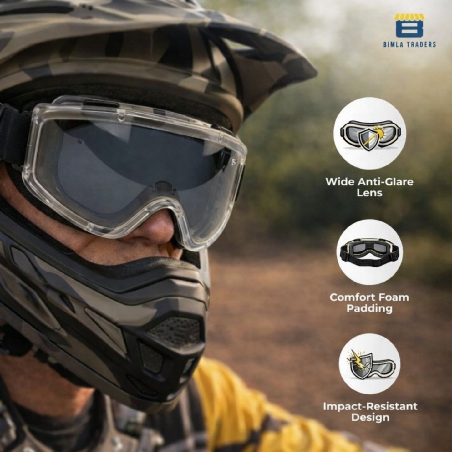 Btag Premium Adult Motocross Dirt Bike Racing, Cycling Goggles – Transparent Lens, Adjustable Strap with Extra Back Padding for Comfort. Pack of 1
