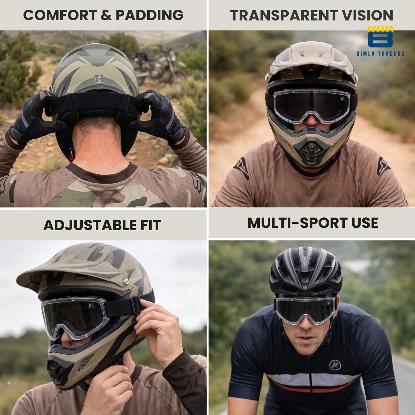 Btag Premium Adult Motocross Dirt Bike Racing, Cycling Goggles – Transparent Lens, Adjustable Strap with Extra Back Padding for Comfort. Pack of 1
