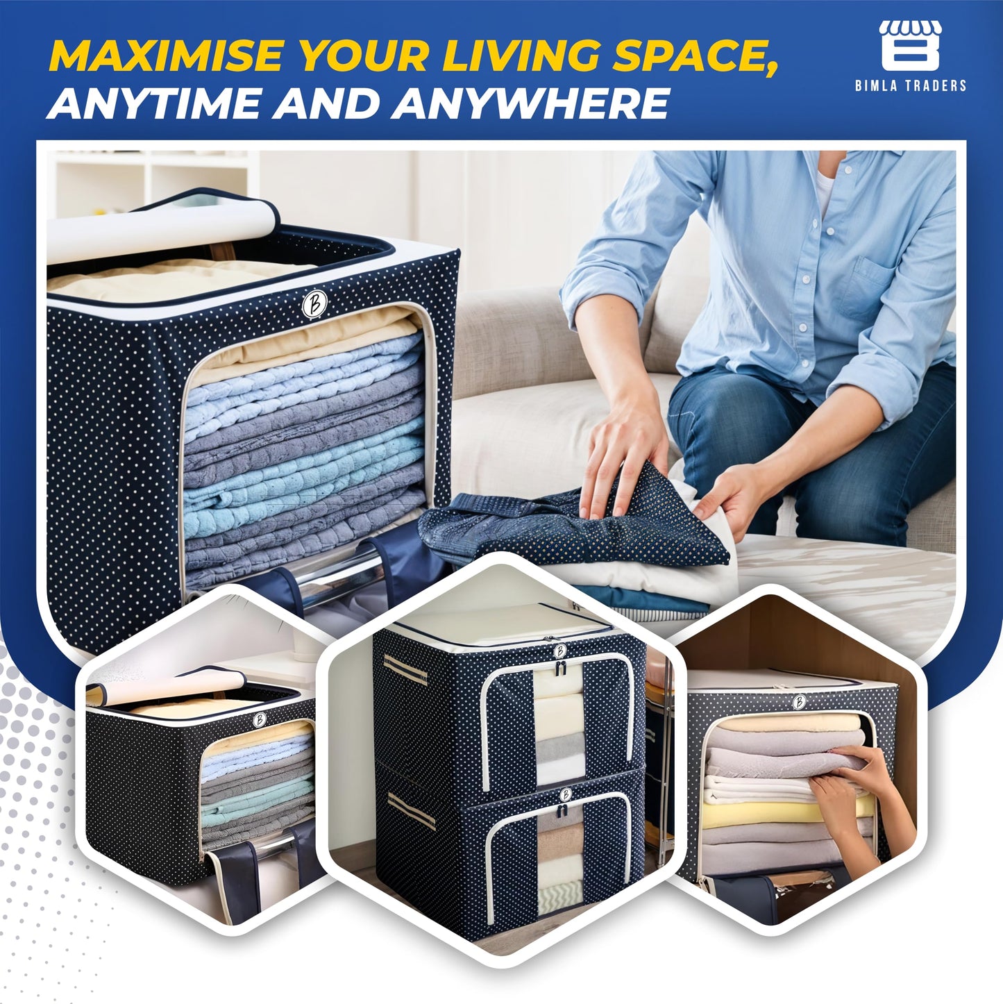 Bimla Traders Clothes, Foldable Clothes Storage Baskets for Wardrobe, Books, Saree, Shirts, Stationery Paper, Document Toy,and Blankets Storage Box with Handles|Assorted | 66 Liter |