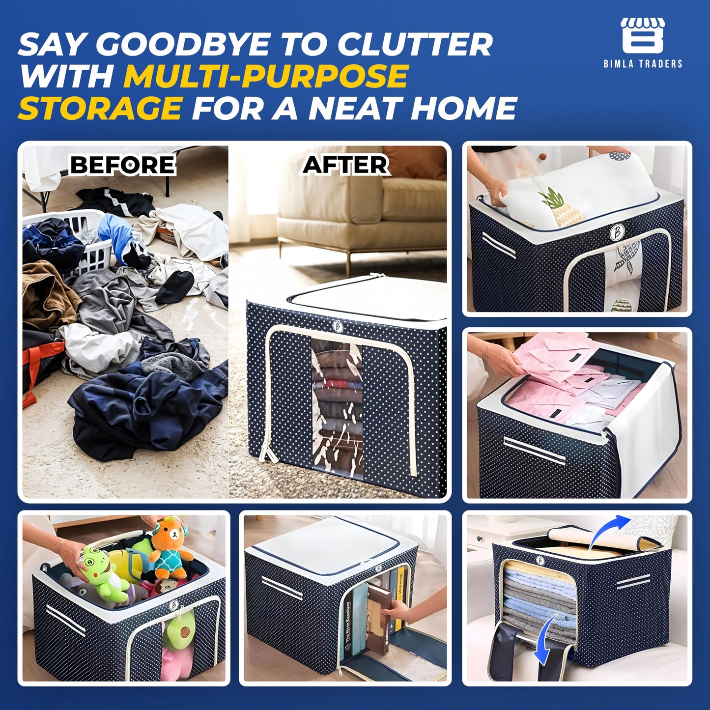 Bimla Traders Clothes, Foldable Clothes Storage Baskets for Wardrobe, Books, Saree, Shirts, Stationery Paper, Document Toy,and Blankets Storage Box with Handles|Assorted | 66 Liter |