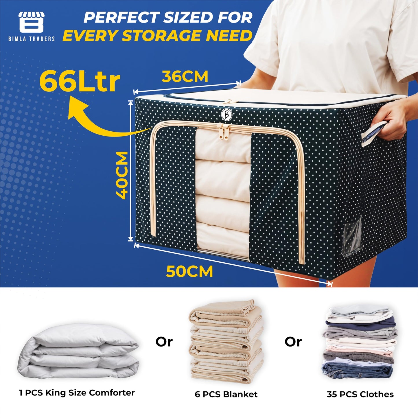 Bimla Traders Clothes, Foldable Clothes Storage Baskets for Wardrobe, Books, Saree, Shirts, Stationery Paper, Document Toy,and Blankets Storage Box with Handles|Assorted | 66 Liter |