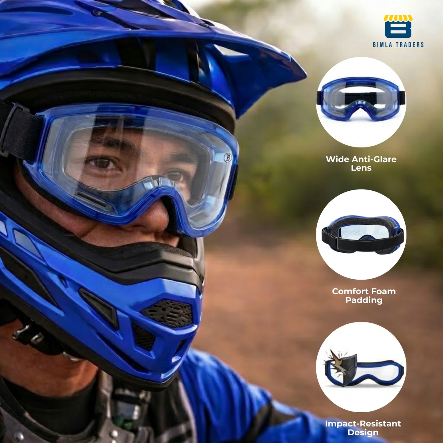 Btag Premium Adult Motocross Dirt Bike Racing, Cycling Goggles – Transparent Lens, Adjustable Strap with Extra Back Padding for Comfort. Pack of 1