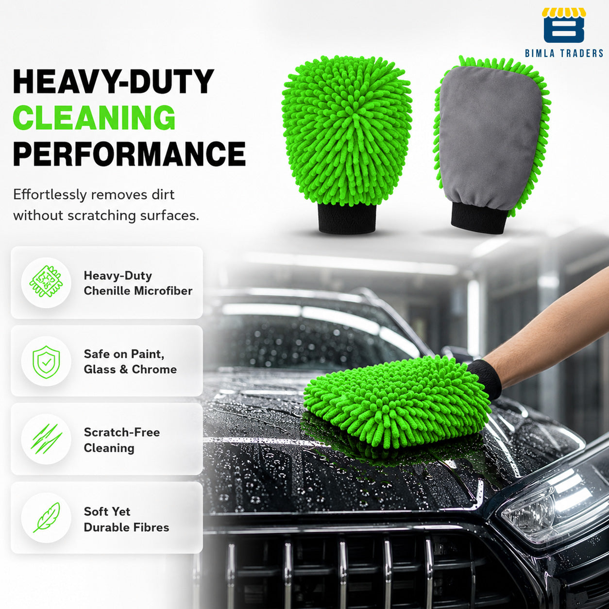 Bimla Traders Microfibre Wash Mitt Cleaning Gloves | Heavy-Duty Quality | Super Absorbent | Extra Large.
