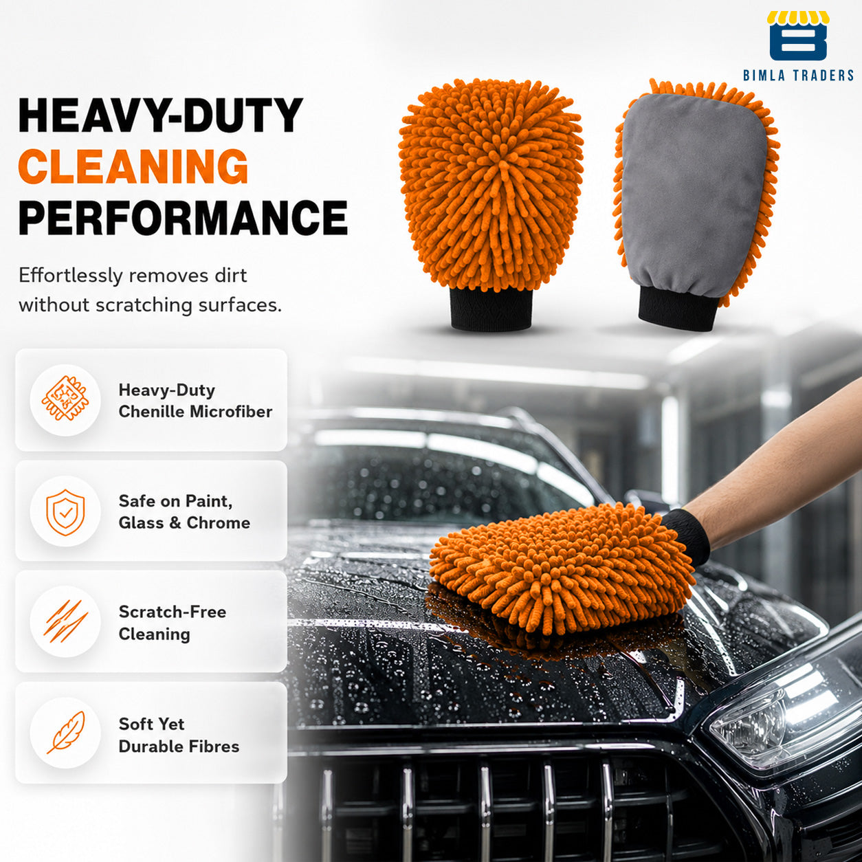 Bimla Traders Microfibre Wash Mitt Cleaning Gloves | Heavy-Duty Quality | Super Absorbent | Extra Large.
