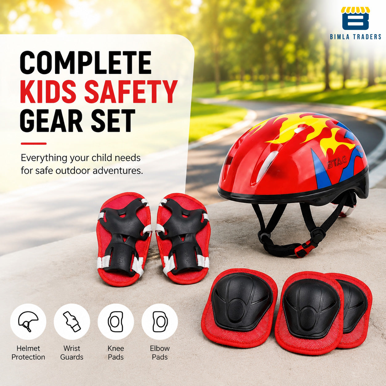 Bimla Traders Kids Safety Gear Set with Helmet | Knee Pads, Elbow Pads & Wrist Guards | Protective Kit for Skating & Cycling