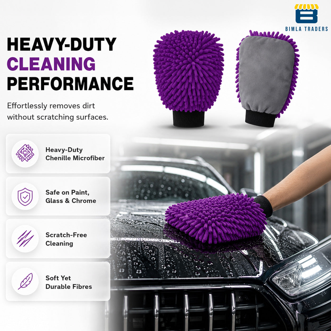 Bimla Traders Microfibre Wash Mitt Cleaning Gloves | Heavy-Duty Quality | Super Absorbent | Extra Large.