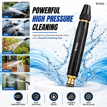 Btag Metal High Pressure Garden Hose Nozzle, Adjustable Leak-Proof Spray Nozzle for Watering & Car Wash, Heavy Duty Brass Tip, Includes 2 Hose Clamps. Pack of 1 (HOME009_Black)