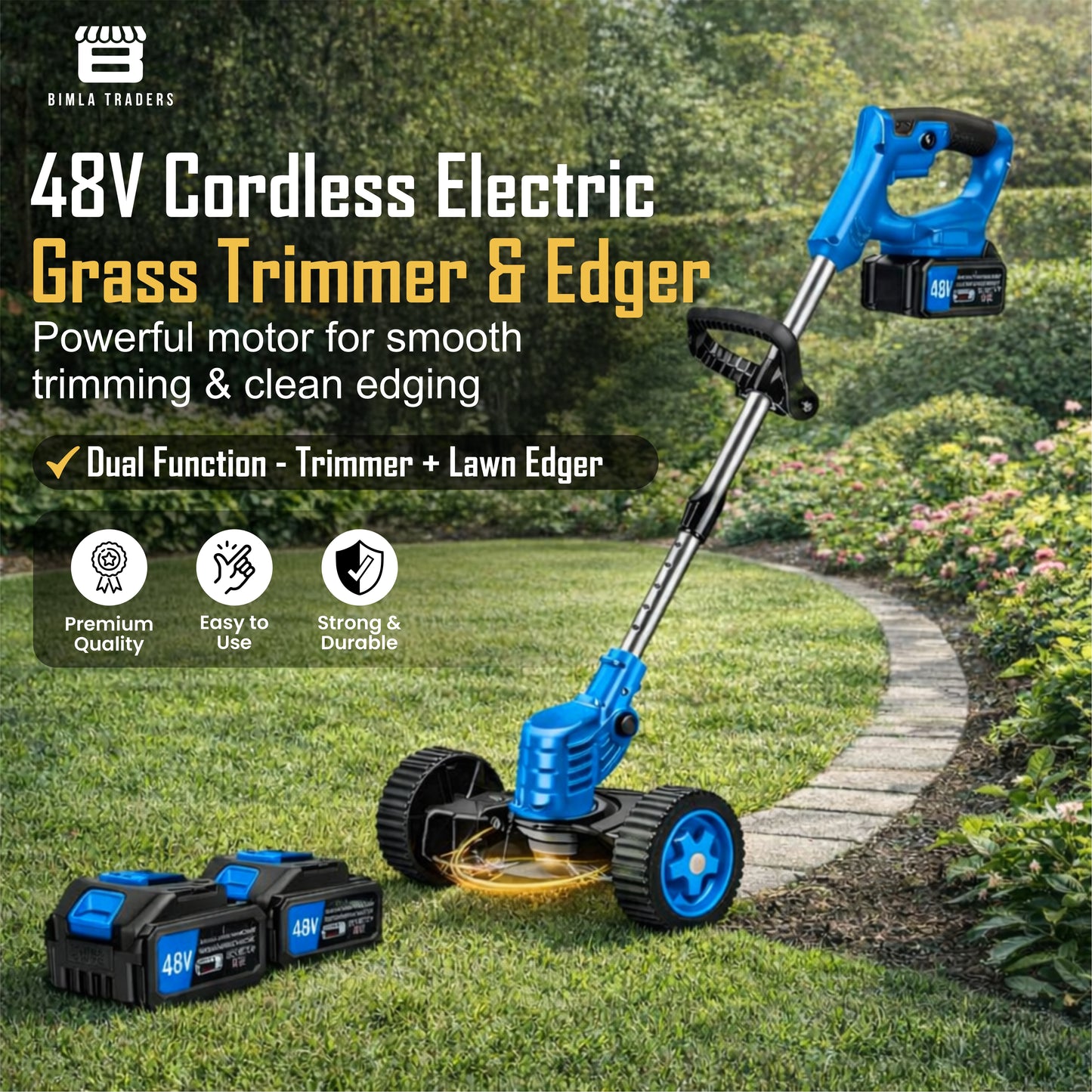Bimla Traders 48V Cordless Electric String Trimmer & Lawn Edger with Wheels, Adjustable Handle, 2 Rechargeable Batteries, Steel & Plastic Blades, Grass Trimmer for Garden & Yard.