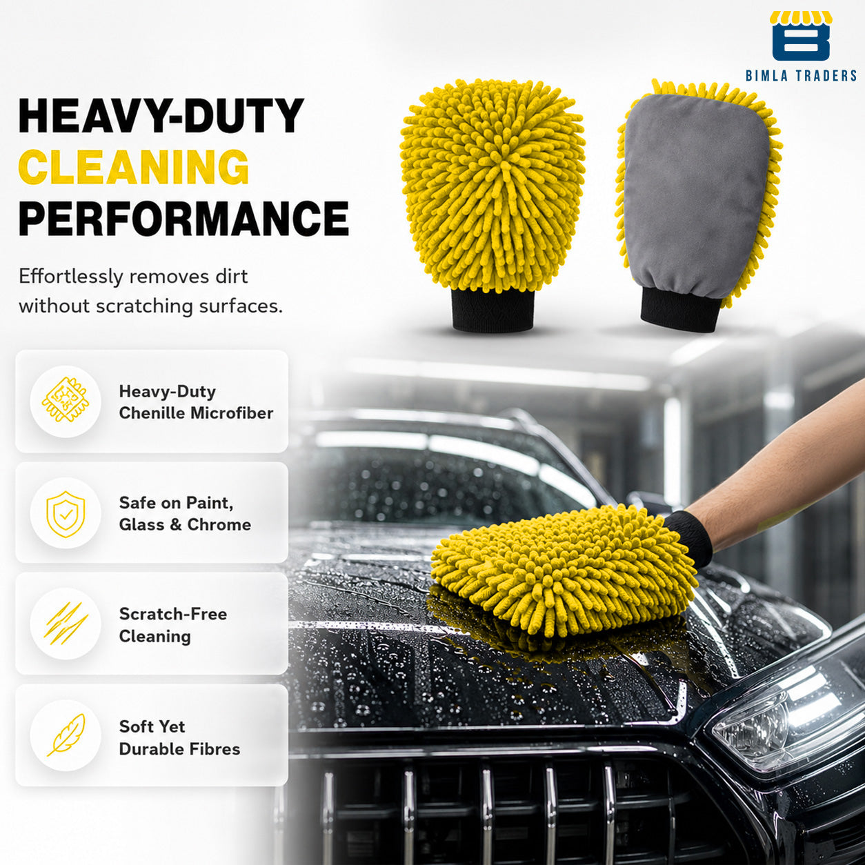 Bimla Traders Microfibre Wash Mitt Cleaning Gloves | Heavy-Duty Quality | Super Absorbent | Extra Large.