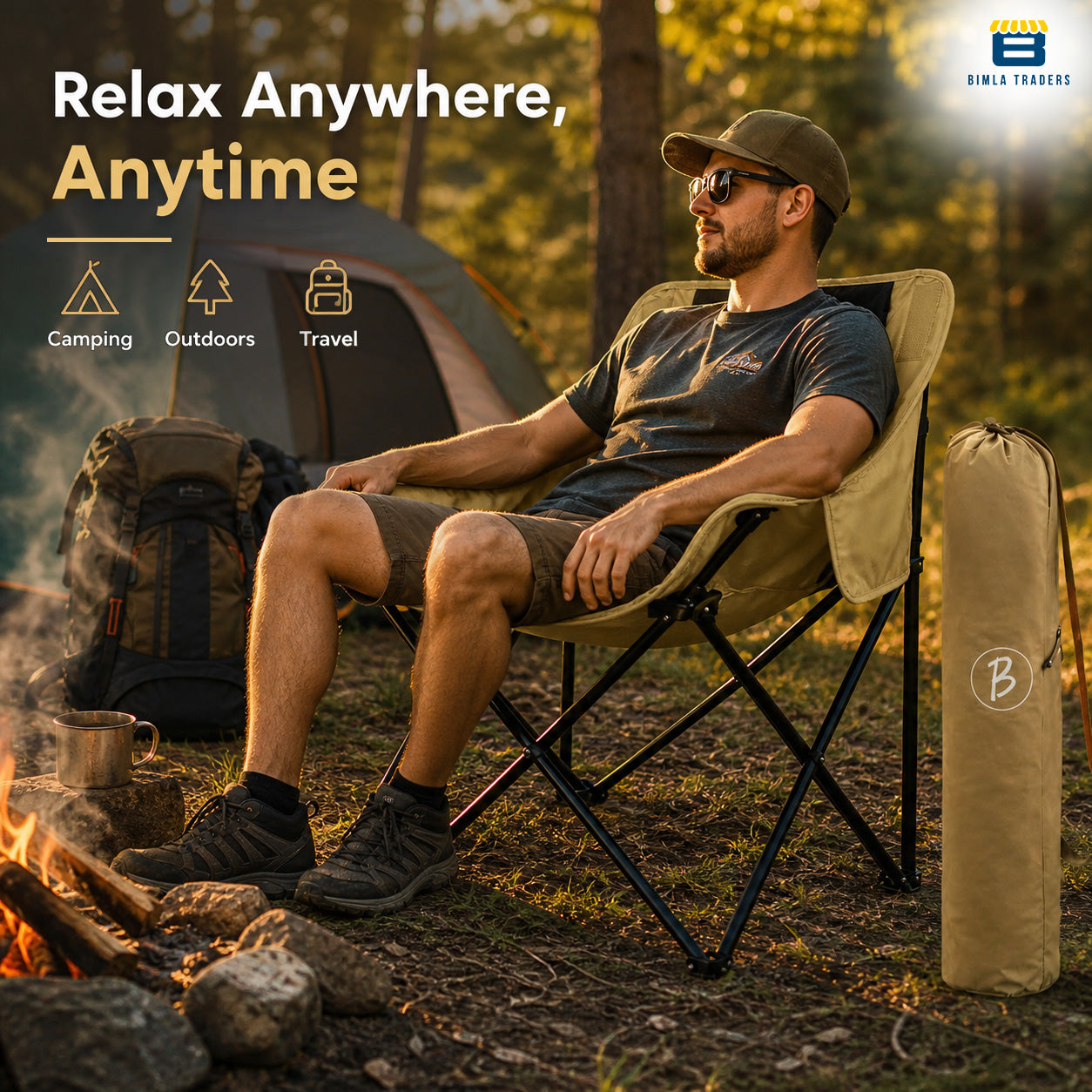 Bimla Traders Foldable Camping Chair with Carry Bag, Portable Outdoor Folding Chair for Camping, Picnic, Garden and Travel, Heavy Duty Metal Frame.