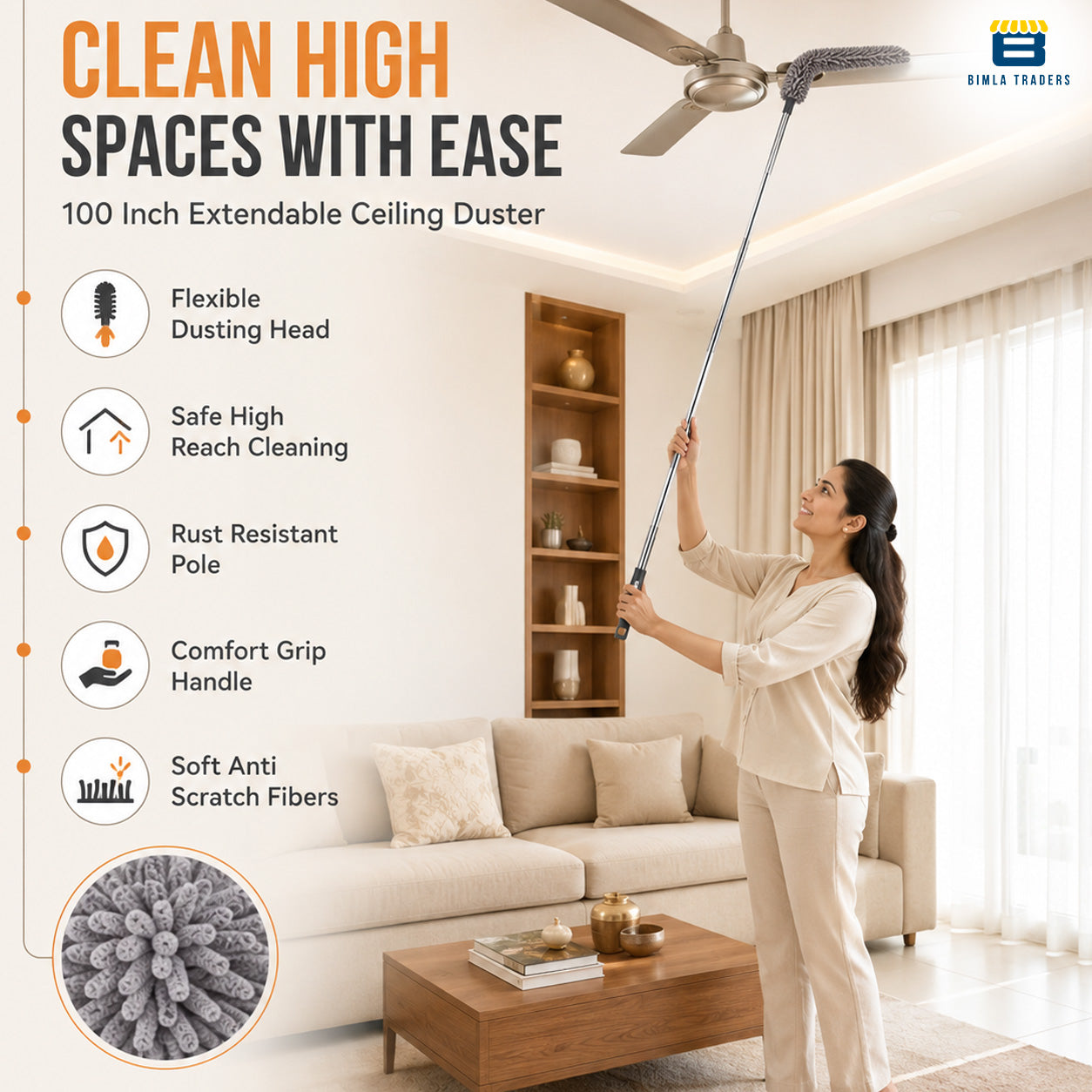 Bimla Traders Feather Duster Bendable & Extendable Fan Cleaning Duster with 100 inches Expandable Pole Handle Washable