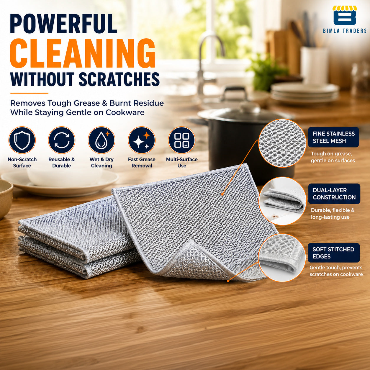Bimla Traders Stainless Steel Non-Scratch Dish Cleaning Cloth | Reusable Wire Scrubber for Tough Grease on Utensils, Sinks & Counters | Wet & Dry Cleaning
