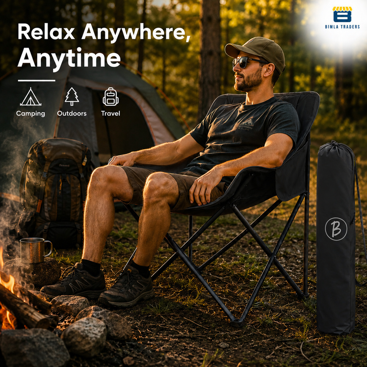 Bimla Traders Foldable Camping Chair with Carry Bag, Portable Outdoor Folding Chair for Camping, Picnic, Garden and Travel, Heavy Duty Metal Frame.