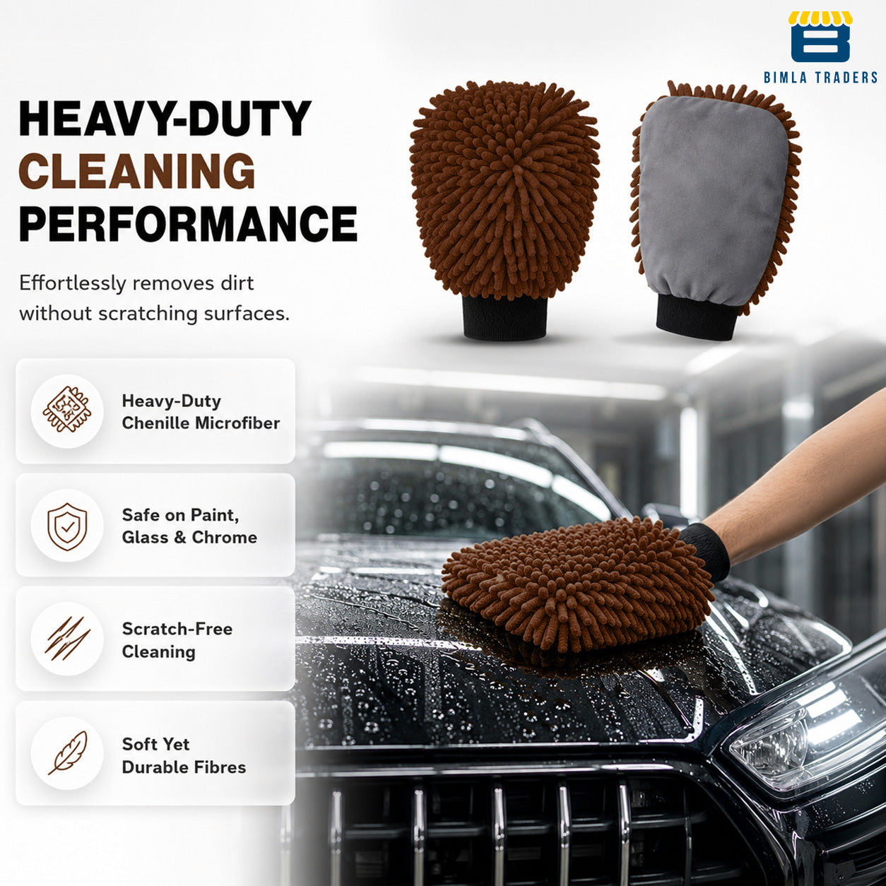 Bimla Traders Microfibre Wash Mitt Cleaning Gloves | Heavy-Duty Quality | Super Absorbent | Extra Large.