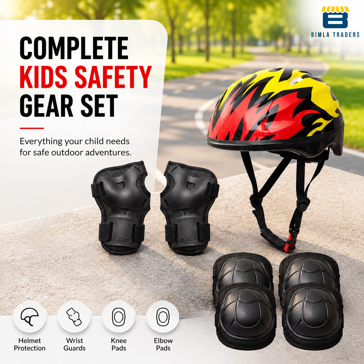 Bimla Traders Kids Safety Gear Set with Helmet | Knee Pads, Elbow Pads & Wrist Guards | Protective Kit for Skating & Cycling
